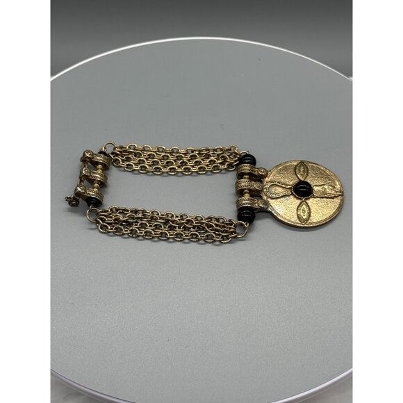 Vintage Egyptian Revival Gold Tone Chain Statement Brooch Pin Black Cabochons - Picture 14 of 14